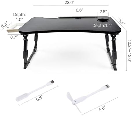 BYMECOST Laptop Desk for Bed, Height Adjustable Laptop Bed Table, Foldable Portable Lap Desk Stand with USB/Storage Drawer/Cup Holder/Slot, Breakfast Tray for Working Reading Writing Eating