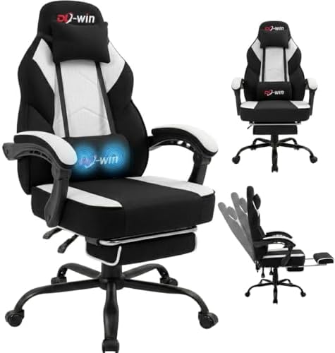 Shintenchi Big and Tall Gaming Chair Fabric Pocket Spring Cushion,High Back Recliner with Footrest and Headrest for Adults, Massage Lumbar Support for Home Office, Ergonomic Computer Desk Chair, Black