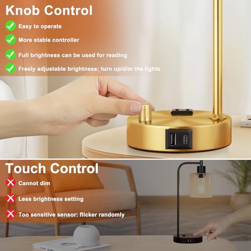 Innqoo Industrial Table Lamp for Bedroom Set of 2 - Fully Dimmable Bedside Lamps with USB Ports and Outlet, Gold Nightstand Lamps with Clear Glass Shade for Living Room, Desk Lamps for Office Reading