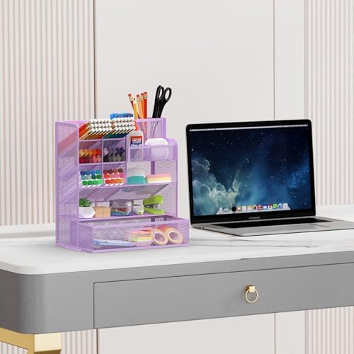 Mesh Pen Organizer for Desk, 13 Compartments with Drawer， Purple