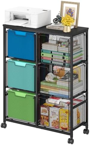 Sbanmao 6 Drawer Lateral File Cabinet with Wheels, Mobile File Cabinet & Printer Stand, Heavy Duty Wood Top for Large Printers, Under Desk Storage Cabinet Fits Letter Size Files for Home Office, Black