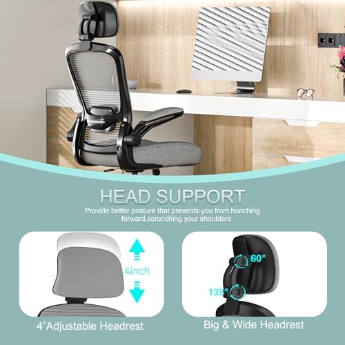Mimoglad Office Chair, High Back Ergonomic Desk Chair with Adjustable Lumbar Support and Headrest, with flip-up Armrests for Guitar Playing, 5 Years Warranty (Modern, Dim Gray(Black Frame))