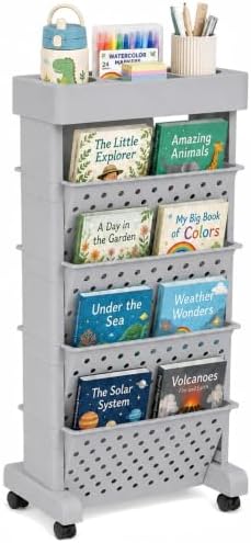 5-Tier Rolling Bookshelf Cart with Wheels, Gray