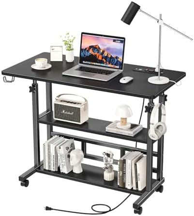 Adjustable Height Standing Desk, Rolling Stand Up Desk with Storage Shelves, 31.5" Small Mobile Computer Desk, Portable Laptop Table (Simple Black)