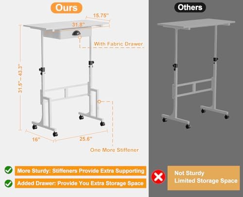Cidaziya Adjustable Height Standing Desk for Walking Pad Treadmill, Portable Rolling Desk for Laptop with Drawer, Small Moblie Sit to Stand Desk On Wheels with Stiffener for Home Office Dorm Bedroom