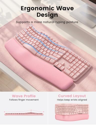 Pink Wireless Keyboard and Mouse Combo, Ergonomic Wave, 30dB Quiet, MA41