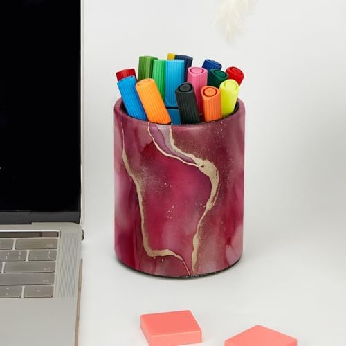 Pink Marble Pen Holder Pencil Organizer Cute Pencil Cup Desk Decor Makeup Brush Holder PU Multifunctional Office Supplies for Home Classroom School