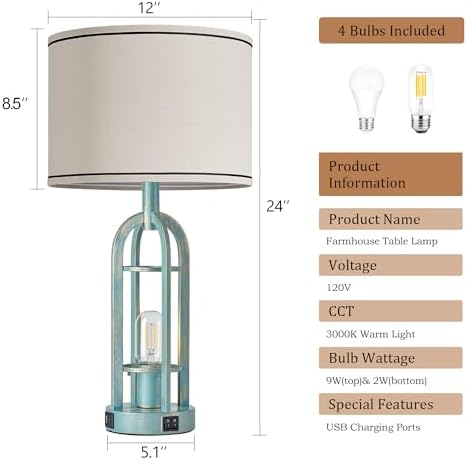 SRJJA 24" Farmhouse Table Lamps for Living Room Bedroom Set of 2, USB A+C