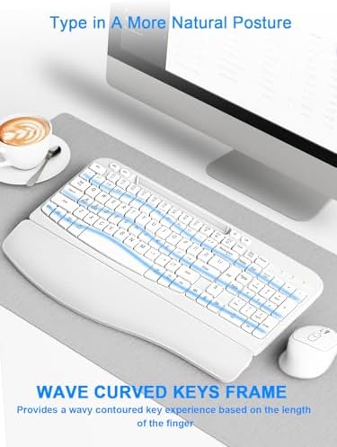 Hayyiesh Ergonomic Wave Keys Wireless Keyboard and Mouse Combo, Full Size with Memory Foam Wrist Rest & Phone Holder, 2.4G Cordless Set with USB-C Adapter for Windows Mac Desktop Laptop (White)