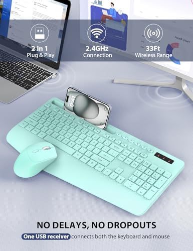 Wireless Keyboard and Mouse Combo - Full-Sized Ergonomic Keyboard with Wrist Rest, Phone Holder, Sleep Mode, Silent 2.4GHz Cordless Keyboard Mouse Combo for Computer, Laptop, PC, Mac, Windows (Green)
