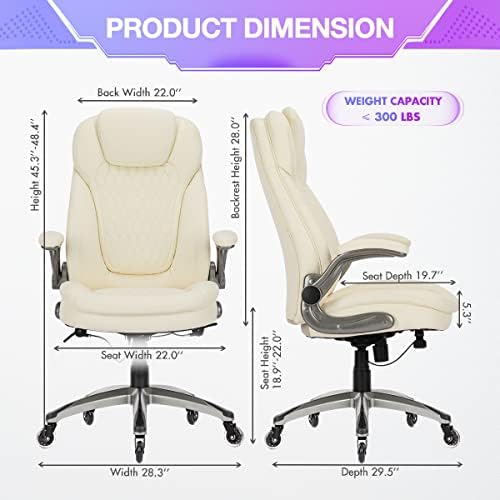 COLAMY Ivory Leather High Back Executive Office Chair Set of 2, Ergonomic Desk Chair with Flip-up Arms, Thick Cushion, Silent Nylon Wheels, Adjustable Height & Rocking Function, 300lbs Capacity