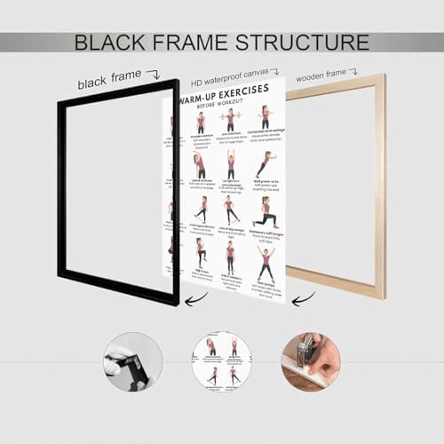 Pre-Workout Warm-Up Exercise Poster, 16 Illustrated Full-Body Prep Movement Chart, Bodyweight Joint Loosening Reference to Prevent Strains Before Home & Gym Fitness Training Sessions(12x18inchs，Black Framed)