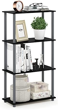 Furinno TURN-N-TUBE Storage Shelves, 4-Tier Toolless Book Shelf, Corner Shelf, Toolless Open Shelves, for Organization and Storage, Living Room, Garage, Home Office, Black