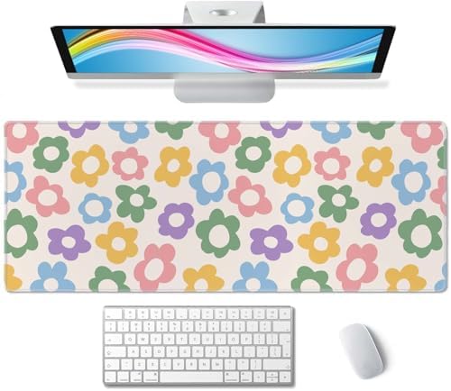 Large Gaming Mouse Pad with Stitched Edges, Colorful Groovy Flowers Desk Mat Extended Keyboard Pad, Non-Slip Rubber Base Desk Pad for Keyboard and Mouse, 31.5X11.8 inch
