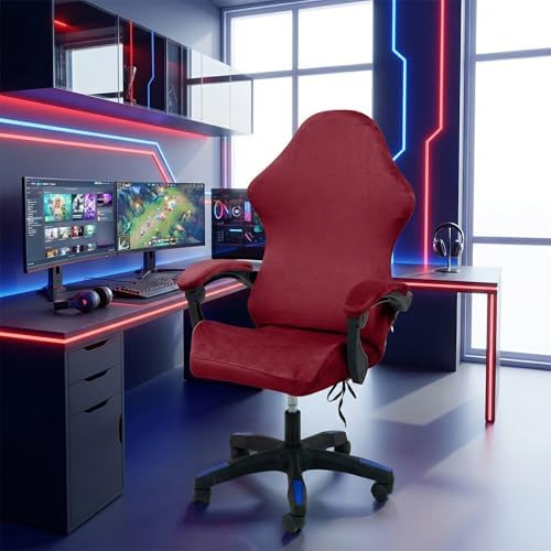 Gaming Chair Cover Set with Armrest Covers, Velvet Stretch Slipcover 1-Piece Form Fit Cover & Chair Armres Covers Included（no Chair） (Claret)