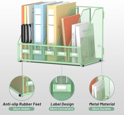 SUPEASY Desk Organizers Metal Desk Magazine File Holder with 5 Vertical Compartments Rack File Organizer for Office Desktop, Classroom, Home Workspace, Green, Plus