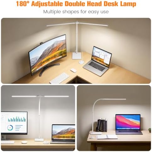 Desk Lamp for Home Office,Adjustable Double Head Desk Light with Base White