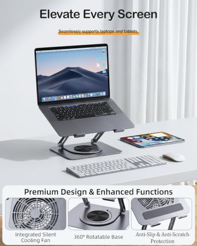 360° Rotating Laptop Cooling Pad with Detachable Magnetic Fan & 4 USB 3.0 Hub, Foldable Ergonomic Computer Riser, Compatible with MacBook Pro, Compatible with Dell, Fits 10-17” Laptops
