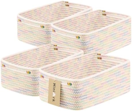 MiniArk Small Storage Baskets for Organizing | Closet Organizer Bins | Shelf Toy Basket | Woven Rope Baskets | Cube Decorative Box | Shallow Basket | 13x8.5x5.1” | 4 Packs Rainbow