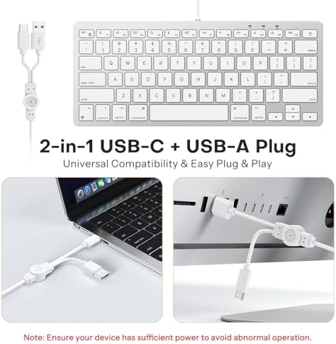 Emetok Wired Keyboard for Mac Users, 1 Cable 2 Plugs USB-C & USB-A, Silver