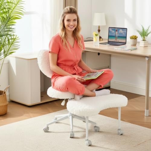 Ergonomic ADHD Criss Cross Legged Office Desk Chair - Meditation Kneeling Yoga Chair Adjustable Height with Wheels Lumbar Support, 360° Swivel Wider Footrest for Home Work, White