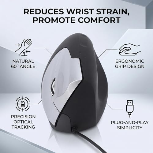 Yunseity Vertical Mouse USB Wired Ergonomic Mouse with 3 Buttons and 4.4ft Cable for PC Laptops Ergonomic Design 60 Angle Lightweight Optical Tracking