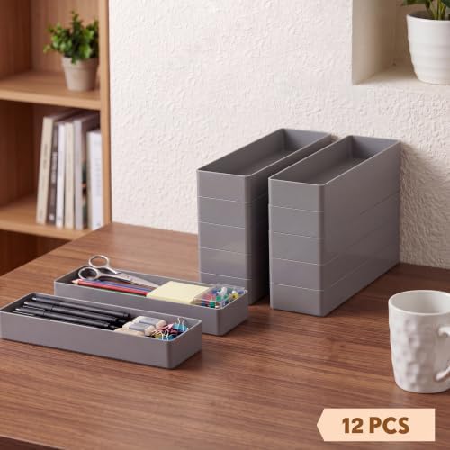 Teling 12 Pcs Grey Plastic Desk Drawer Organizer Pen Tray Shallow