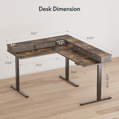 SANODESK 63x55 Electric L-Shaped Corner Standing Desk with 4 Drawers