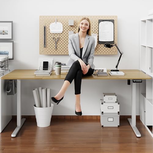 Shintenchi Standing Desk, 71x31 Inch Height Adjustable Electric Sit Stand up Desk, Ergonomic Rising Computer Table, Modern Lift Gaming Desk Workstation for Home Office, Walnut and White