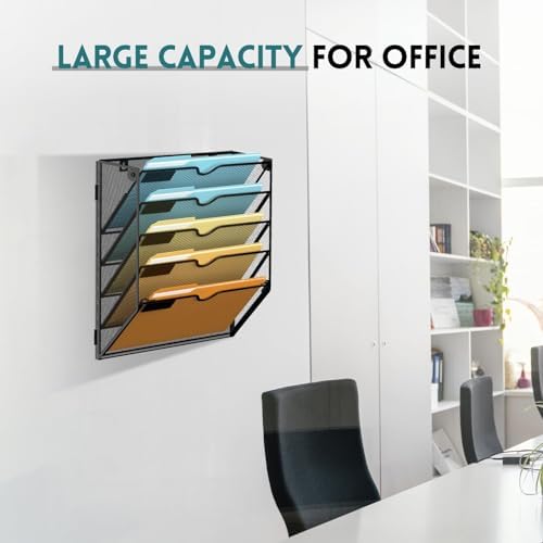 SUPEASY 5 Tier Wall File Organizer, Hanging Wall Mounted Mail Organizer with Label Slots, Metal Mesh File Holder Magazine Rack for Office, Home, School or Classroom, Black, 2Pack