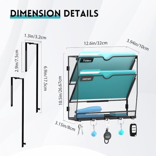 3 Tier Wall File Organizer, Metal Holder with Bottom Hooks