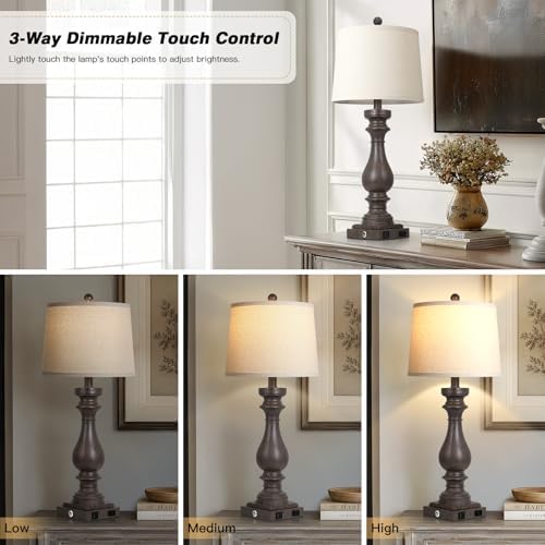 Cinkeda 29" Tall Farmhouse Table Lamp for Living Room Set of 2,Vintage Retro Nightstand Lamps with USB C+A Ports & AC Outlet,3-Way Dimmable Touch Bedside Lamp for Bedroom End Table,Earthy Tone