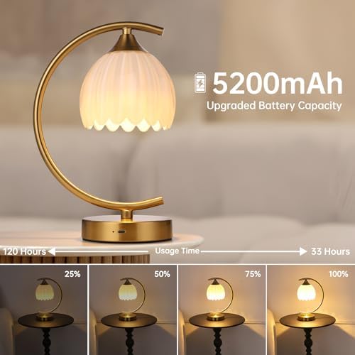Shenmoyl Tulip Table Lamp, 5200mAh Cordless Touch Control Table Lamp with 3 Color Temps & Stepless Dimming, Rechargeable Battery Table Lamp for Living Room, Bedroom, Office, Shelf (White Tulip)