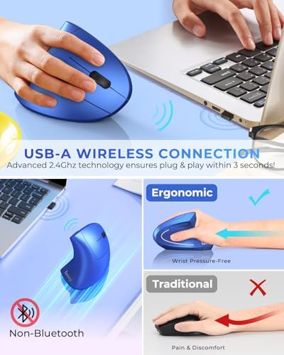 Lekvey Ergonomic Mouse, Rechargeable 2.4G USB Vertical Wireless Mouse, Blue