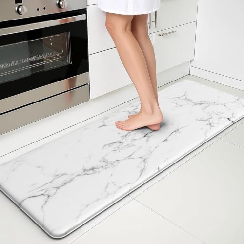 Marble White Kitchen Mats for Floor, Cushioned Anti Fatigue Non-Slip