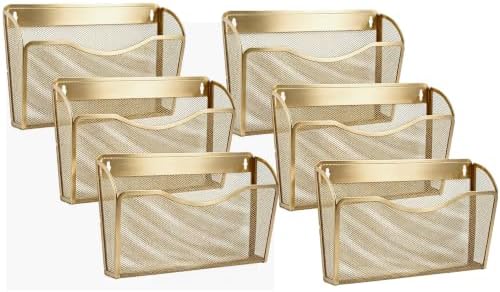 Gawerk Mesh Hanging Wall File Holders, Metal Vertical Wall Basket Mail Organizer for Office/Home (Gold, 6 Pack Wall Mounted)