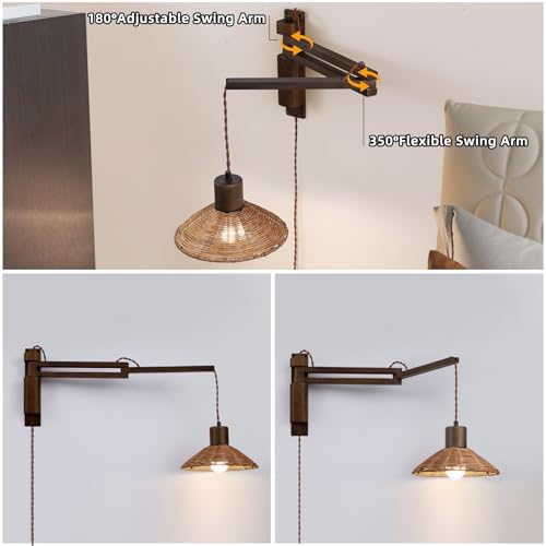maesta Plug in Wall Lamp, Wood Swing Arm Wall Sconce for Bedroom