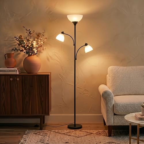 Brightech Sky Dome Double LED Floor Lamp, Torchiere Super Bright Floor Lamp with 2 Reading Lamps for Living Rooms & Offices - Dimmable Tall Standing Lamp for Bedroom Reading - Tall Black Pole