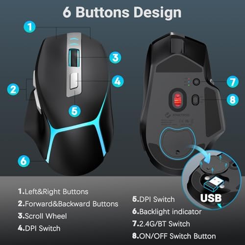 JOYACCESS Wireless Bluetooth Mouse, Rechargeable Wireless Mouse with LED, Three Mode Bluetooth, 2.4G & Wired, Silent, Wireless Ergonomic Mouse for Laptop, PC, MacBook, iPad, Tablet (Black)