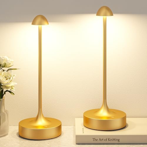 Kakanuo Rechargeable Cordless Table Lamp, Battery Operated Lamps, 3-Color Stepless Dimming, Portable Wireless Desk Lamp, LED Lighting for Dining Room, Restaurant, Office, Bar, Home(Gold 2 Pack)