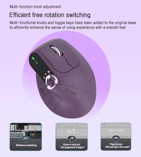 JOMAA Wireless 2.4G & Dual Bluetooth Three-Channel Ergonomic Vertical Mouse Adjustable DPI, Multi-Function Turntable for PC, Laptop, MacBook, Rechargeable (Purple)