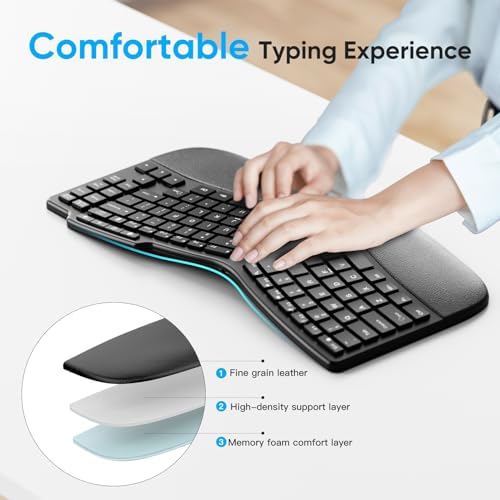 OMOTON Ergonomic Wireless Split Keyboard Compatible with Windows only, Cushioned Wrist Rest, Rechargeable, USB Connectivity, 2.4G Membrane Silent Keyboard, Classic Black