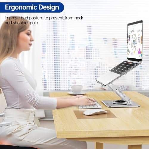 BESIGN Laptop Stand with 360° Rotating Base, Ergonomic Adjustable Notebook Riser, Foldable Computer Holder Compatible with 10-14" Laptops, LS11 Silver
