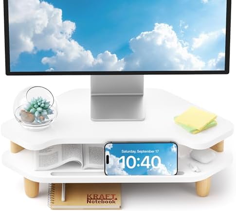 AFOOYO Monitor Stand Riser,2 Tier Corner Wood Sturdy 16.5In Computer Stand, Multi-Purpose Desktop Storage Stand for Laptop,PC,iMac,Printer,Computer,White
