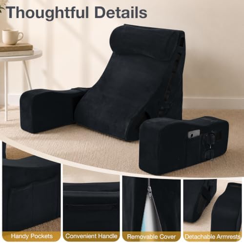 Sasttie 15-25 inch Adjustable Reading Pillow with Armrests, Black