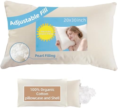 Adjustable Organic Pillow 20x30 with Organic Cotton Pillowcase &Shell