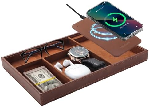 Valet Tray with Wireless Charging, All in one Nightstand Organizer for Men