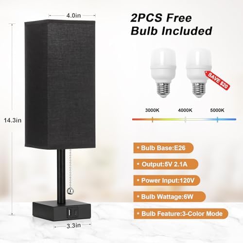 Set of 2 Black Bedside Table Lamps for Bedroom - Nightstand Lamp, USB C+A
