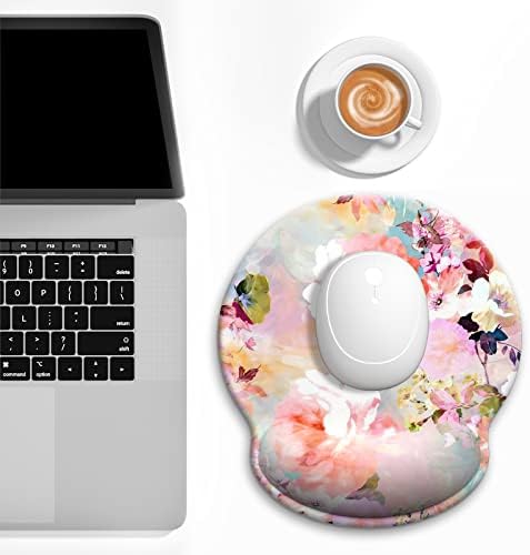 Ergonomic Mouse Pad with Wrist Support, Floral Memory Foam Wrist Rest Mouse Pads, Cute Computer Laptop Office Accessories Decor, Pain Relief Mousepad for Gaming Work Women Girls, Pink Flowers