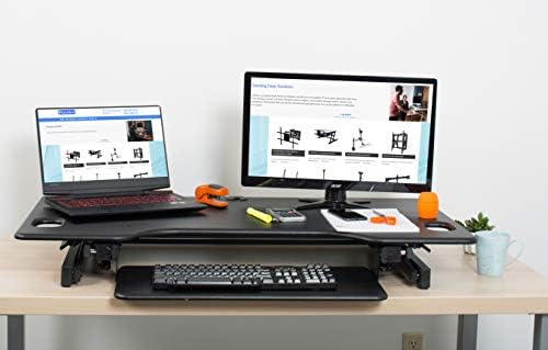 Rocelco 46" Large Height Adjustable Standing Desk BUNDLE - Quick Sit Stand Up Dual Monitor Riser - Tall Gas Spring Assist Computer Workstation - Retractable Keyboard Tray - Black (R DADRB-46-FS2)
